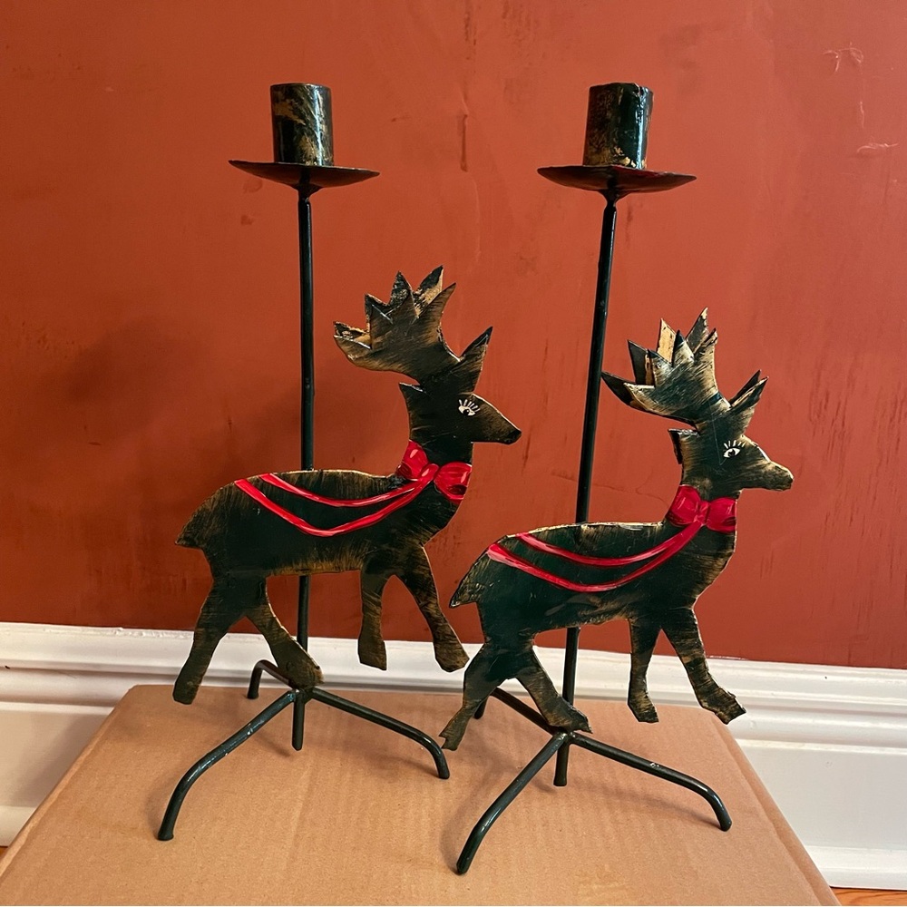 Vintage Hand Painted Reindeer Candle Holders with Red Accents, Set of 2